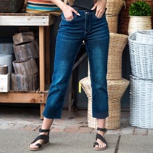 Jen7 by 7FAM Dark Blue Slim Boyfriend Mid Rise Raw Hem Cropped Denim Jeans